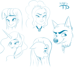 Size: 1700x1500 | Tagged: safe, artist:thethunderpony, derpibooru import, adagio dazzle, fluttershy, princess celestia, twilight sparkle, human, bedroom eyes, bolt, bust, disney, disney style, humanized, monochrome, portrait, sketch, smirk, style emulation