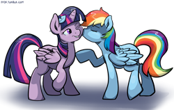 Size: 1712x1080 | Tagged: safe, artist:pippy, rainbow dash, twilight sparkle, twilight sparkle (alicorn), alicorn, pegasus, pony, feather, female, kissing, lesbian, lip bite, mare, shipping, twidash