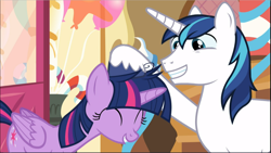 Size: 1671x941 | Tagged: safe, screencap, shining armor, twilight sparkle, twilight sparkle (alicorn), alicorn, pony, unicorn, the one where pinkie pie knows, cute, duo, noogie, smiling, twiabetes