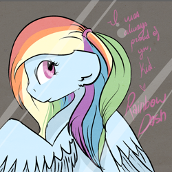 Size: 1024x1024 | Tagged: safe, artist:dozymouse, rainbow dash, pegasus, pony, alternate hairstyle, ponytail, solo, text, wat