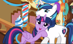 Size: 1572x942 | Tagged: safe, screencap, shining armor, twilight sparkle, twilight sparkle (alicorn), alicorn, pony, unicorn, the one where pinkie pie knows, cute, duo, open mouth, smiling, twiabetes