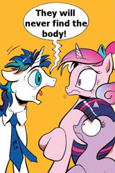 Size: 365x549 | Tagged: safe, idw, princess cadance, shining armor, twilight sparkle, alicorn, pony, unicorn, spoiler:comic, spoiler:comic11, exploitable meme, meme, murder, obligatory pony, screaming armor, this will end in death, unrealistic expectations