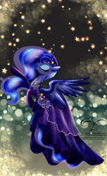 Size: 1000x1650 | Tagged: safe, artist:tiffanymarsou, princess luna, alicorn, pony, beautiful, clothes, dress, eyes closed, night, singing, smiling, solo, stars