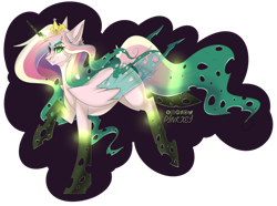 Size: 4300x3200 | Tagged: safe, artist:pinkxei, princess cadance, queen chrysalis, alicorn, changeling, changeling queen, pony, absurd resolution, crown, digital art, disguise, disguised changeling, evil grin, fake cadance, fangs, female, grin, high res, jewelry, magic, regalia, simple background, smiling, solo, teeth, transformation, transparent background