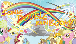 Size: 975x571 | Tagged: safe, idw, carrot top, daisy, derpy hooves, flower wishes, golden harvest, rainbow dash, pegasus, pony, comic, double rainboom, female, mare, micro-series, official, sonic rainboom