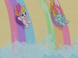 Size: 640x480 | Tagged: safe, screencap, rainbow dash, rainbow dash (g3), toola roola, g3, g3.5, twinkle wish adventure, rainbow, rainbow waterfall, rainbows, slide, somewhere super new, water