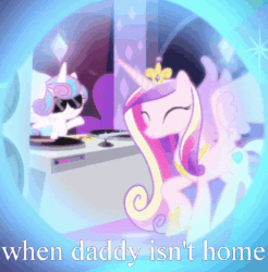 Size: 506x515 | Tagged: safe, edit, edited screencap, screencap, princess cadance, princess flurry heart, alicorn, pony, a royal problem, animated, club can't handle me, context is for the weak, cropped, cute, cutedance, dancing, dj flurry heart, dream, dream orbs, duo, female, flurrybetes, gif, image macro, meme, mother and child, mother and daughter, parent and child, speakers, stabilized, sunglasses, turntable, vine video, when mama isn't home