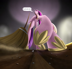 Size: 2175x2107 | Tagged: safe, artist:styroponyworks, princess cadance, shining armor, alicorn, pony, unicorn, broom, dialogue, female, hoof shoes, husband and wife, low angle, macro/micro, male, perspective, raised hoof, shrunk, speech bubble, tiny, worm's eye view