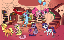 Size: 1024x643 | Tagged: safe, artist:lilsunshinesam, derpibooru import, applejack, fluttershy, pinkie pie, rainbow dash, rarity, twilight sparkle, twilight sparkle (alicorn), alicorn, earth pony, pegasus, pony, unicorn, balloon, christmas, colored hooves, eyes closed, female, floating, flying, golden oaks library, mane six, mare, raised hoof, reading, sitting, smiling, stairs, then watch her balloons lift her up to the sky, unshorn fetlocks