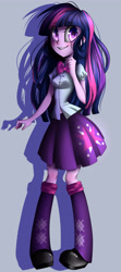 Size: 2000x4500 | Tagged: safe, artist:vardastouch, derpibooru import, twilight sparkle, equestria girls, boots, bowtie, clothes, shoes, skirt, socks, solo