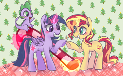 Size: 1000x625 | Tagged: safe, artist:phyllismi, derpibooru import, spike, sunset shimmer, twilight sparkle, twilight sparkle (alicorn), alicorn, dragon, pony, unicorn, blushing, candy, candy cane, christmas tree, food, hoofbump, levitation, magic, signature, telekinesis, tree