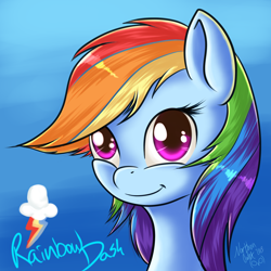 Size: 2000x2000 | Tagged: safe, artist:ac-whiteraven, rainbow dash, pegasus, pony, bust, cutie mark, female, mare, signature, smiling, solo, text