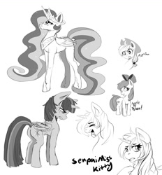 Size: 1024x1102 | Tagged: safe, artist:senpaimisskitty, derpibooru import, apple bloom, applejack, princess celestia, twilight sparkle, twilight sparkle (alicorn), oc, alicorn, earth pony, pony, female, mare, monochrome