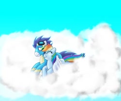 Size: 910x756 | Tagged: safe, artist:commypink, rainbow dash, soarin', pegasus, pony, cloud, cloudy, female, male, shipping, snuggling, soarindash, straight