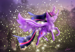 Size: 4893x3421 | Tagged: safe, artist:deathsnail, derpibooru import, twilight sparkle, twilight sparkle (alicorn), alicorn, pony, eyes closed, female, flying, magic, mare, solo