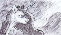 Size: 1280x730 | Tagged: safe, artist:azkre, princess luna, alicorn, pony, monochrome, solo, traditional art