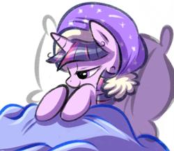 Size: 679x588 | Tagged: safe, artist:gifanon, derpibooru import, twilight sparkle, bed, blanket, hat, nightcap, pillow, sleeping, sleepy, solo