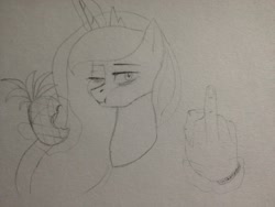 Size: 960x720 | Tagged: safe, artist:chickenbrony, princess luna, alicorn, pony, bust, food, middle finger, pineapple, portrait, sketch, solo, traditional art, vulgar