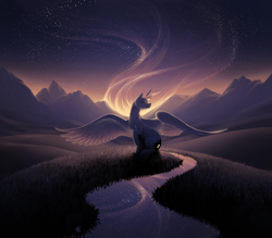 Size: 3023x2646 | Tagged: safe, artist:katputze, princess luna, alicorn, pony, eyes closed, female, mare, mountain, outdoors, raised hoof, river, scenery, sitting, solo, spread wings, stars, twilight (astronomy), wings