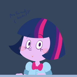 Size: 1000x1000 | Tagged: safe, artist:typhwosion, derpibooru import, twilight sparkle, equestria girls, dialogue, solo