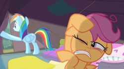 Size: 1024x568 | Tagged: safe, screencap, rainbow dash, scootaloo, pegasus, pony, undead, vampire, vampony, hangover