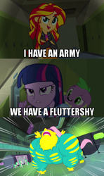 Size: 500x843 | Tagged: safe, derpibooru import, edit, edited screencap, screencap, fluttershy, saddle rager, sunset shimmer, twilight sparkle, equestria girls, avengers, flutterhulk, image macro, loki, meme, tony stark