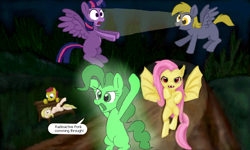 Size: 900x540 | Tagged: safe, artist:woox, derpibooru import, derpy hooves, fluttershy, pinkie pie, twilight sparkle, twilight sparkle (alicorn), oc, oc:dizzy cream, oc:drizzle spark, alicorn, bat pony, earth pony, original species, pony, collaboration, bench, dark, female, flockmod, flutterbat, mare, multiple artists, night, park, radioactive, radioactive pony, spooky