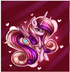 Size: 987x1006 | Tagged: safe, artist:nutellaakanutella, princess cadance, alicorn, pony, abstract background, female, heart, mare, prone, solo