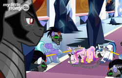 Size: 1604x1022 | Tagged: safe, screencap, king sombra, princess cadance, princess flurry heart, shining armor, alicorn, pony, unicorn, the beginning of the end, cropped, gag, mind control, muzzle gag, shackles, sombra soldier