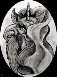 Size: 900x1211 | Tagged: safe, artist:inuhoshi-to-darkpen, princess luna, alicorn, pony, female, hair over one eye, looking at you, mare, monochrome, solo, traditional art