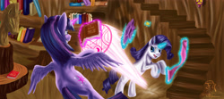 Size: 4486x2000 | Tagged: safe, artist:dsc-the-artist, derpibooru import, rarity, twilight sparkle, twilight sparkle (alicorn), alicorn, pony, unicorn, fighting is magic, book, fabric, female, flying, gritted teeth, magic, magic circle, mare, rearing, thread