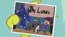 Size: 1366x768 | Tagged: safe, artist:toucanldm, discord, princess luna, human, crossover, exploitable meme, luna (sailor moon), luna loud, make it happen, meme, namesake, pun, rock band, sailor moon, sailor moon meets my little pony, the loud house