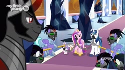 Size: 1600x900 | Tagged: safe, screencap, king sombra, princess cadance, princess flurry heart, shining armor, alicorn, pony, unicorn, the beginning of the end, chains, helmet, mind control, sombra soldier