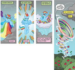 Size: 1070x998 | Tagged: safe, idw, rainbow dash, pegasus, pony, apple, cloud, comic, female, food, mare, solo, tornado, tree