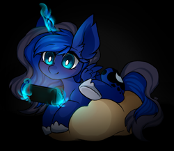 Size: 1288x1119 | Tagged: safe, artist:miioko, princess luna, alicorn, pony, cute, female, gamer luna, glowing horn, hnnng, lunabetes, magic, mare, pillow, solo, underhoof, video game