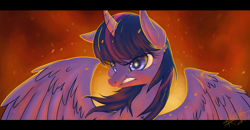 Size: 2798x1452 | Tagged: safe, artist:keen6, derpibooru import, twilight sparkle, twilight sparkle (alicorn), alicorn, pony, curved horn, female, frown, gritted teeth, mare, solo, spread wings