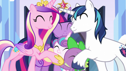 Size: 1920x1080 | Tagged: safe, screencap, princess cadance, princess flurry heart, shining armor, spike, twilight sparkle, twilight sparkle (alicorn), alicorn, dragon, pony, unicorn, the beginning of the end, big crown thingy, hug, jewelry, regalia, winged spike