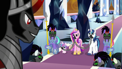 Size: 1920x1080 | Tagged: safe, screencap, king sombra, princess cadance, princess flurry heart, shining armor, alicorn, crystal pony, pony, unicorn, the beginning of the end, helmet, mask, mind control, sombra soldier