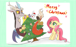 Size: 1000x625 | Tagged: safe, artist:phyllismi, derpibooru import, angel bunny, applejack, discord, fluttershy, pinkie pie, rainbow dash, rarity, spike, twilight sparkle, twilight sparkle (alicorn), alicorn, dragon, earth pony, pegasus, pony, unicorn, christmas, christmas tree, decoration, female, hat, mane seven, mane six, mare, mouth hold, santa hat, tree