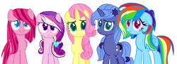 Size: 1306x474 | Tagged: safe, artist:ecoster1268, fluttershy, pinkie pie, princess cadance, princess luna, rainbow dash, earth pony, pegasus, pony, unicorn, alternate cutie mark, alternate universe, base used, pinkamena diane pie, race swap, s1 luna, simple background, transparent background