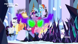 Size: 1366x768 | Tagged: safe, screencap, applejack, fluttershy, pinkie pie, princess cadance, princess flurry heart, rainbow dash, rarity, shining armor, twilight sparkle, twilight sparkle (alicorn), alicorn, earth pony, pegasus, pony, unicorn, the beginning of the end, big crown thingy, crystal, crystal castle, dark magic, discovery family logo, jewelry, levitation, magic, mane six, regalia, sombra eyes, telekinesis, trapped