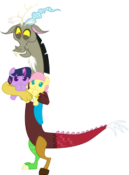 Size: 1960x2651 | Tagged: safe, artist:megarainbowdash2000, derpibooru import, discord, fluttershy, twilight sparkle, twilight sparkle (alicorn), alicorn, pegasus, pony, age regression, baby, baby pony, babylight sparkle, babyshy, female, filly, foal, grumpy, holding a pony, mare, simple background, transparent background, vector