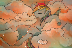 Size: 1024x682 | Tagged: safe, artist:pijay, rainbow dash, pegasus, pony, cloud, cloud bed, cloudy, sleeping, solo