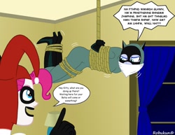 Size: 1018x785 | Tagged: safe, artist:robukun, pinkie pie, princess luna, vice principal luna, equestria girls, bondage, bound and gagged, catwoman, gag, harley quinn, muffled words, rope, suspended, tied up