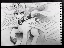 Size: 1280x960 | Tagged: safe, artist:foxinshadow, princess luna, alicorn, pony, grayscale, monochrome, sketch, solo, traditional art