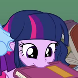 Size: 518x516 | Tagged: safe, derpibooru import, screencap, twilight sparkle, equestria girls, bibliovore, book, cropped, solo, that pony sure does love books