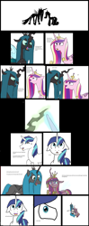 Size: 4272x10752 | Tagged: safe, artist:mr100dragon100, princess cadance, queen chrysalis, shining armor, changeling, changeling queen, pony, broken english, changelingified, chrysarmordance, comic, female, floppy ears, hug, hug sandwich, male, polyamory, ponified, shipping, species swap, straight