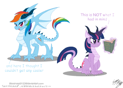 Size: 3312x2368 | Tagged: safe, artist:blood-asp0123, derpibooru import, rainbow dash, twilight sparkle, dragon, book, dragoness, dragonified, duo, female, frown, glare, horn, levitation, lidded eyes, magic, open mouth, rainbow dragon, simple background, sitting, smiling, smirk, species swap, spread wings, sweat, sweatdrop, telekinesis, transparent background, twilidragon, wings