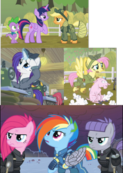 Size: 1280x1806 | Tagged: safe, derpibooru import, screencap, applejack, fluttershy, maud pie, pinkie pie, rainbow dash, rarity, spike, twilight sparkle, twilight sparkle (alicorn), alicorn, dragon, earth pony, pegasus, pony, sheep, unicorn, the cutie re-mark, alternate timeline, amputee, apinkalypse pie, apocalypse dash, apocalypse maud, artificial wings, augmented, color correction, crystal war timeline, female, mane seven, mane six, mare, prosthetic limb, prosthetic wing, prosthetics, war, wings