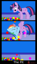 Size: 3800x6480 | Tagged: safe, artist:waveywaves, derpibooru import, rainbow dash, twilight sparkle, twilight sparkle (alicorn), alicorn, pegasus, pony, ball pit, comic, female, lesbian, mare, shipping, surprise hug, twidash